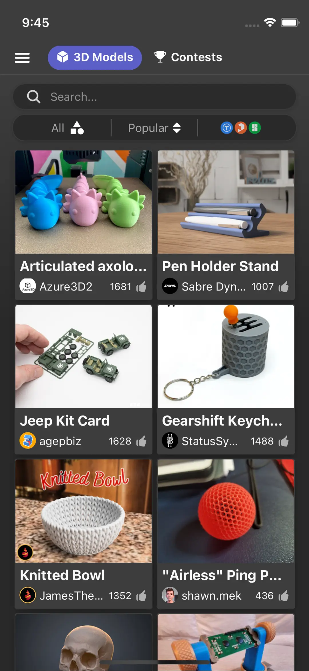 3D GO App Interface showing 3D printer files search